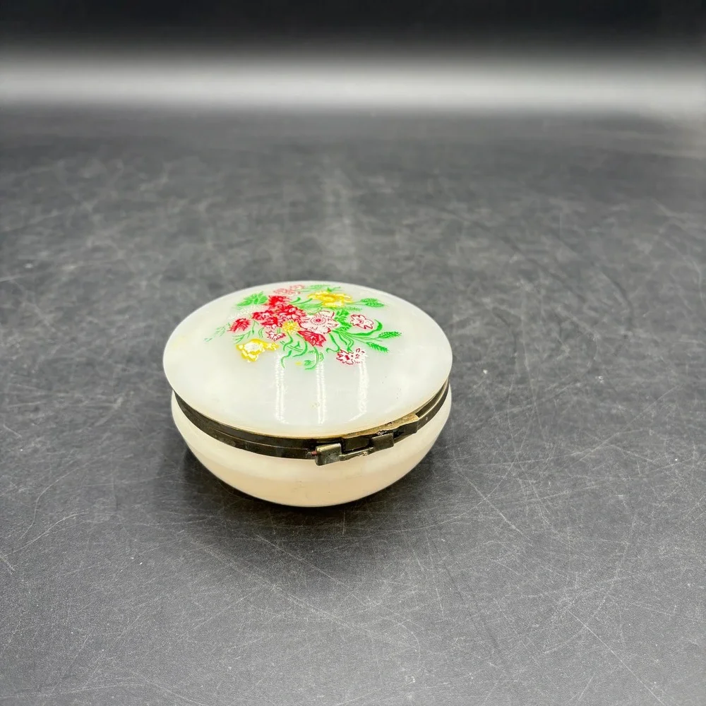 Vtg Trinket Box Hand Painted Floral White Jewelry Case 3.75